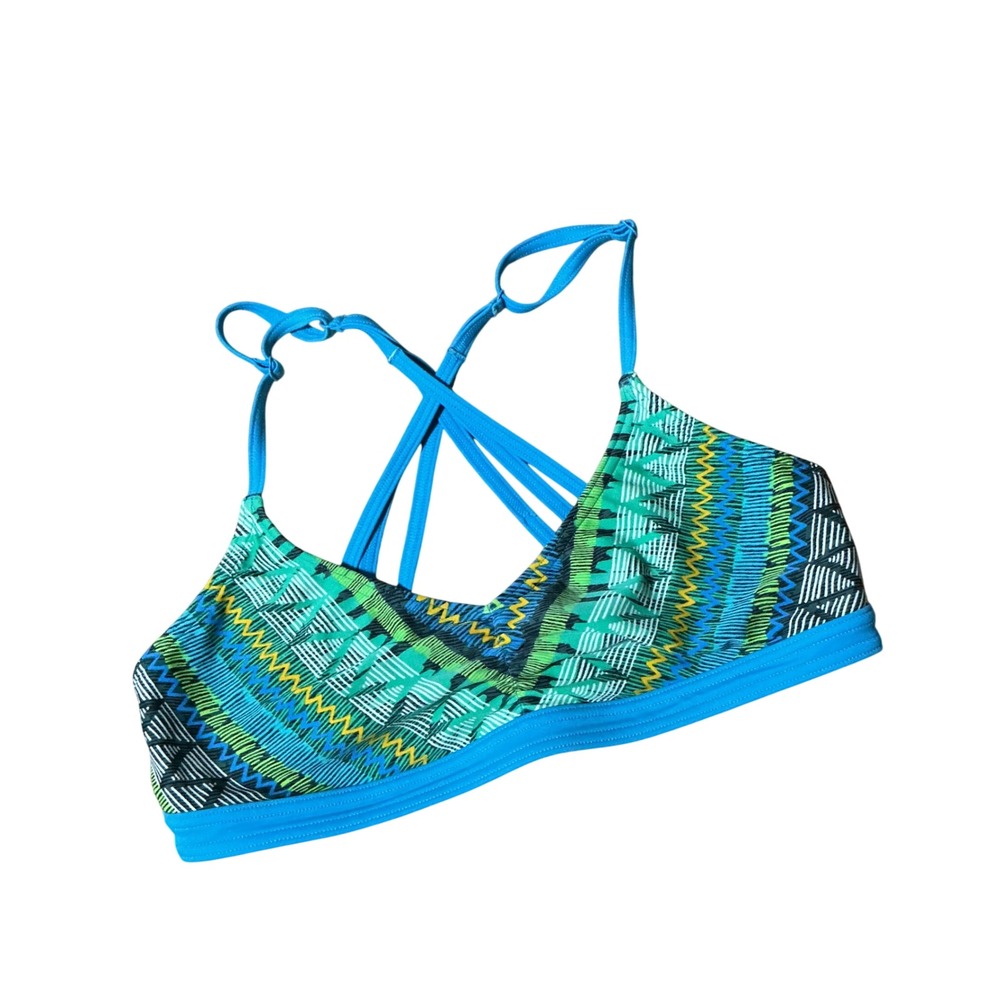 Prana Lahari Geometric Chevron Bikini Top Womens M Blue Green Strappy Crossback